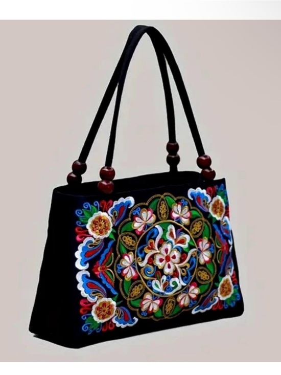 Handbags - Embroidered Floral Tote Bag - Black